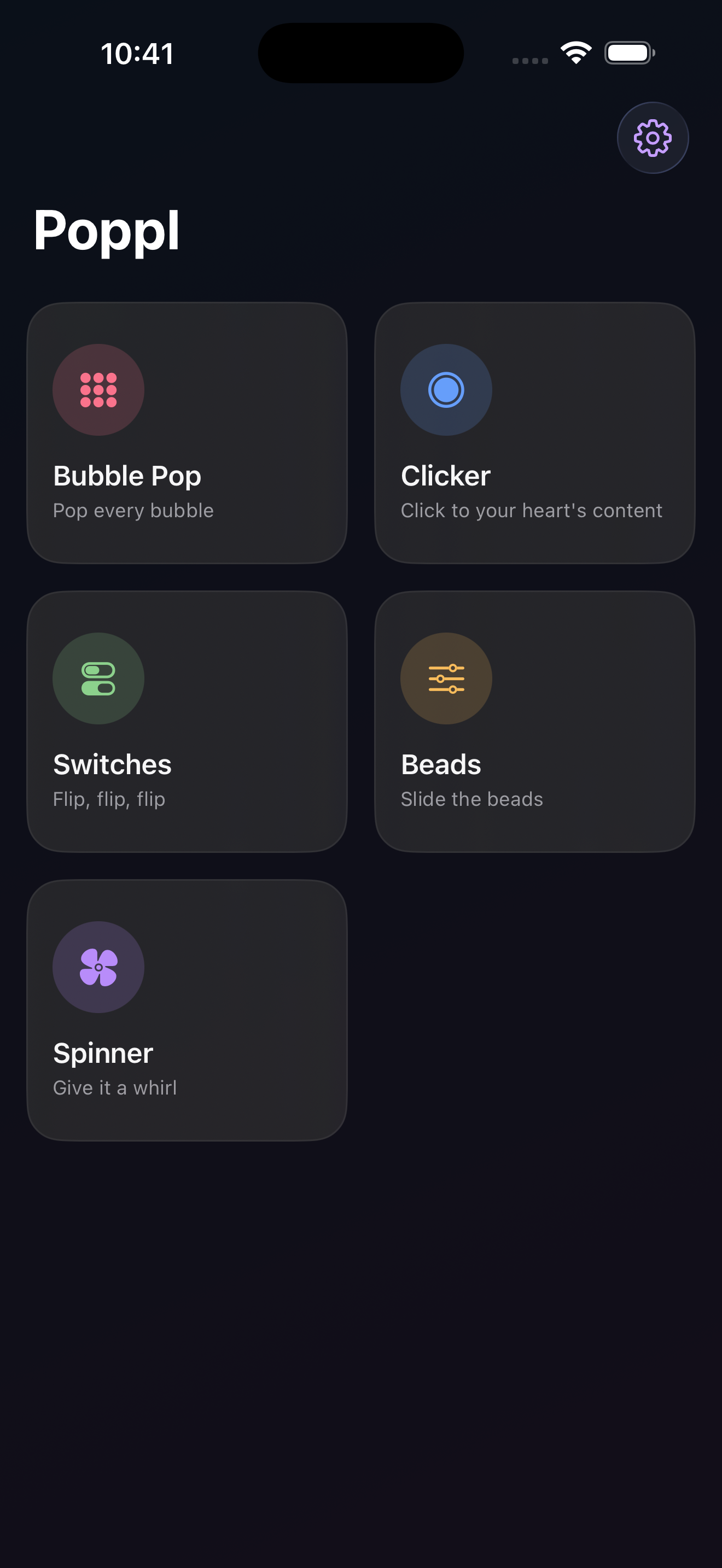Poppl home screen in dark mode